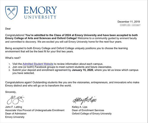 Emory University Acceptance Letter