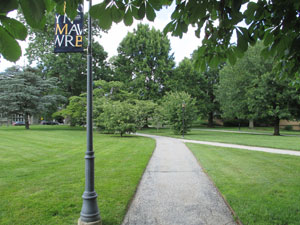 A pathway winds through campus