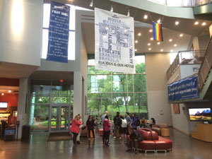 Inside the lobby of the campus center