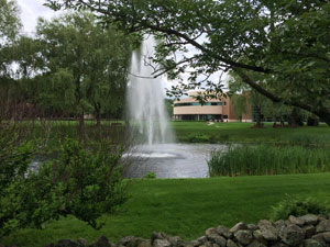 The campus fountain is a standout feature