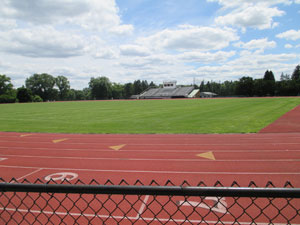 Close-up view of the track and field
