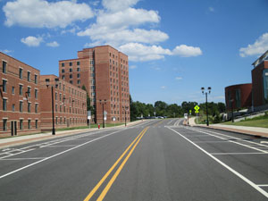Local roadway through the lengthy campus
